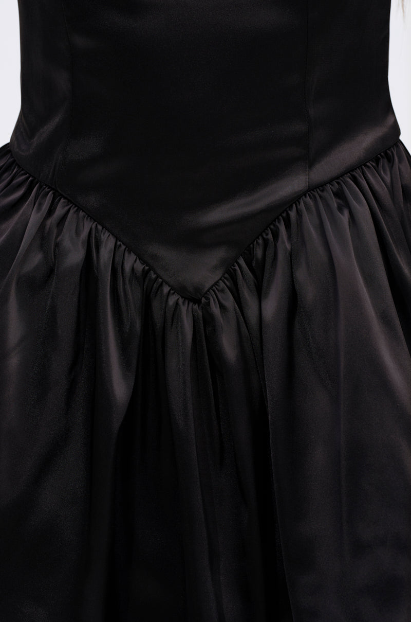 LIKE DAYLIGHT SATIN MINI DRESS IN BLACK