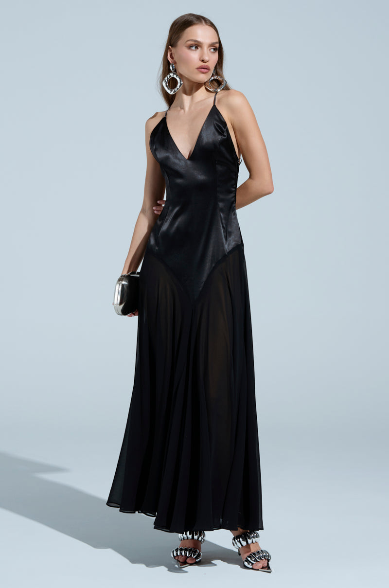 REINA SATIN MESH MAXI DRESS