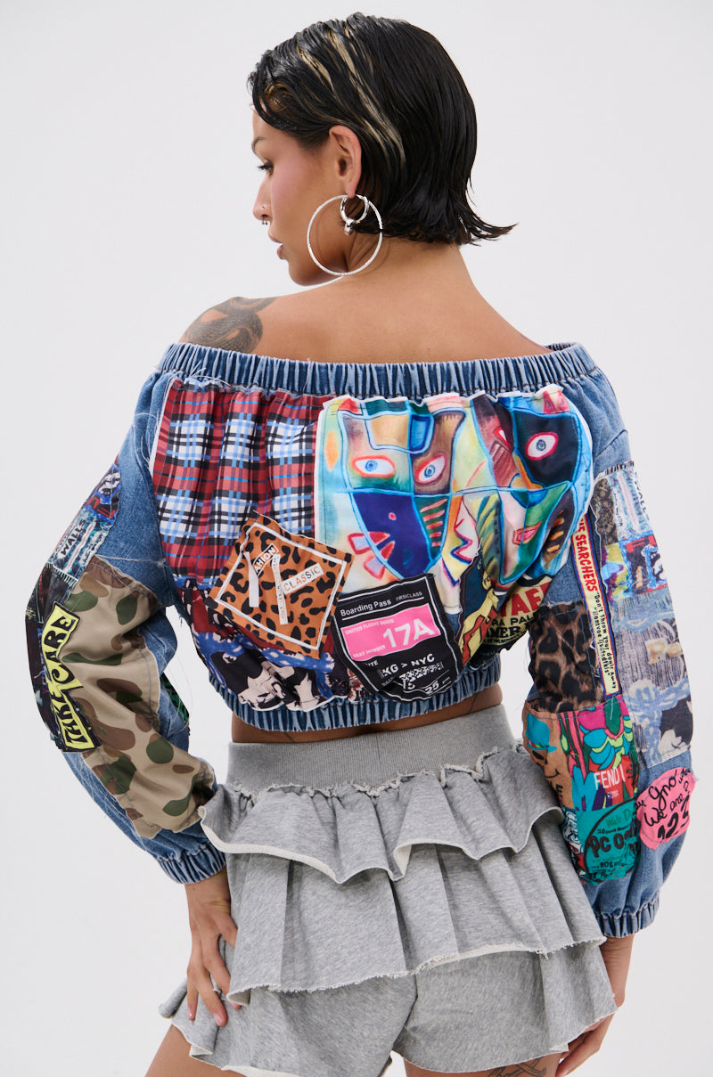 PATCHWORK DENIM OFF THE SHOULDER TOP