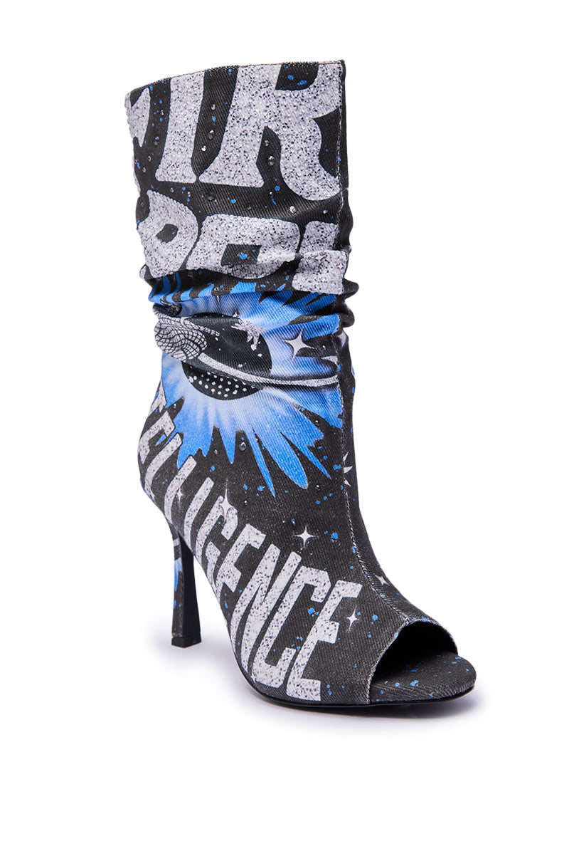 AKIRA GOLD FORMIDABLE BLACK MULTI ABSTRACT OPEN TOE BOOTIE