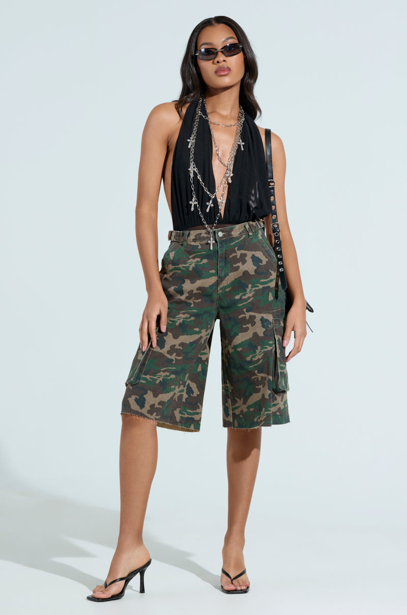 PAXTON SEXY RUCHED PLUNGE MESH HALTER BODYSUIT IN BLACK
