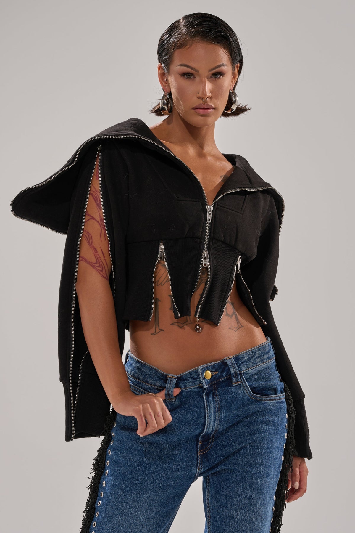 MULTI ZIP CORSETED HOODIE
