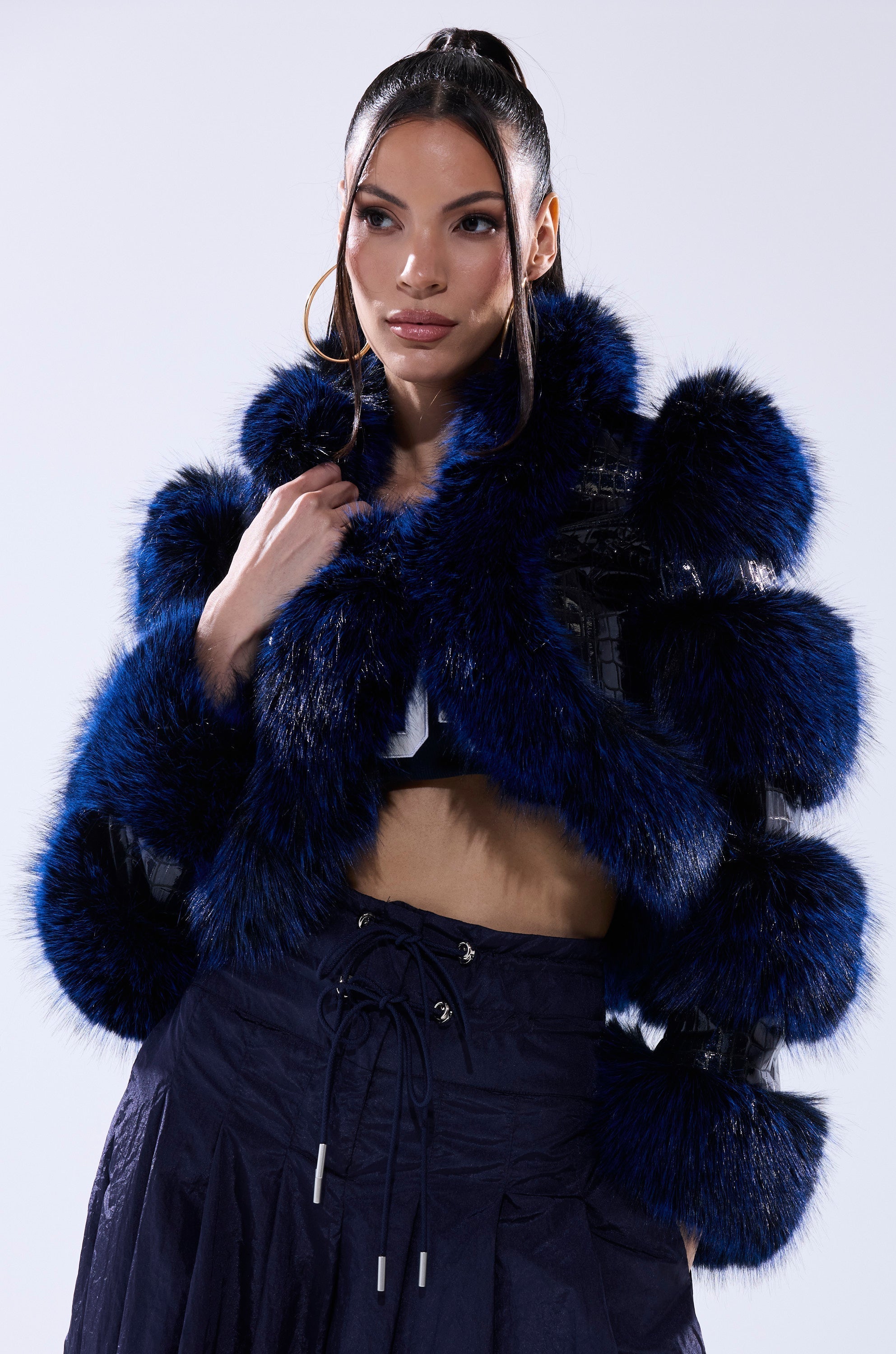 LOVERBOY FUR TRIM MOTO IN NAVY CROC