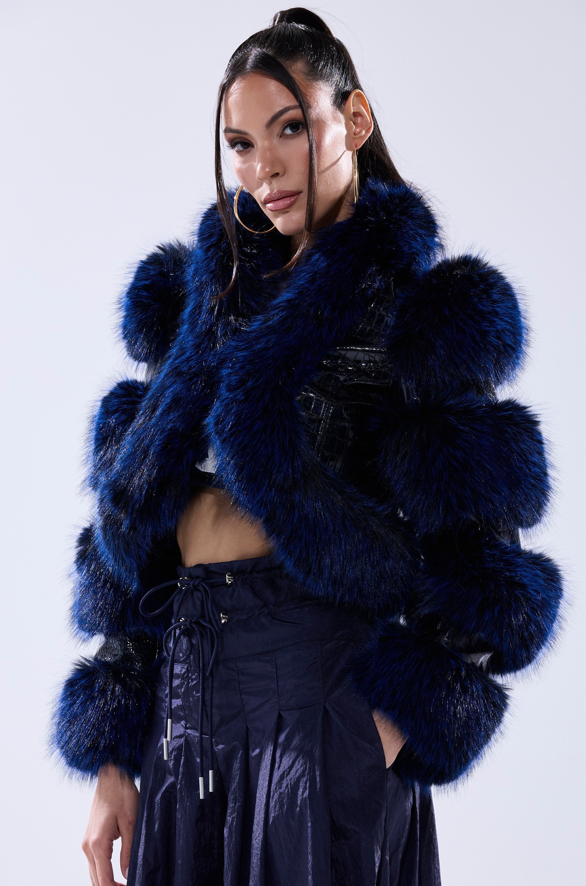 LOVERBOY FUR TRIM MOTO IN NAVY CROC