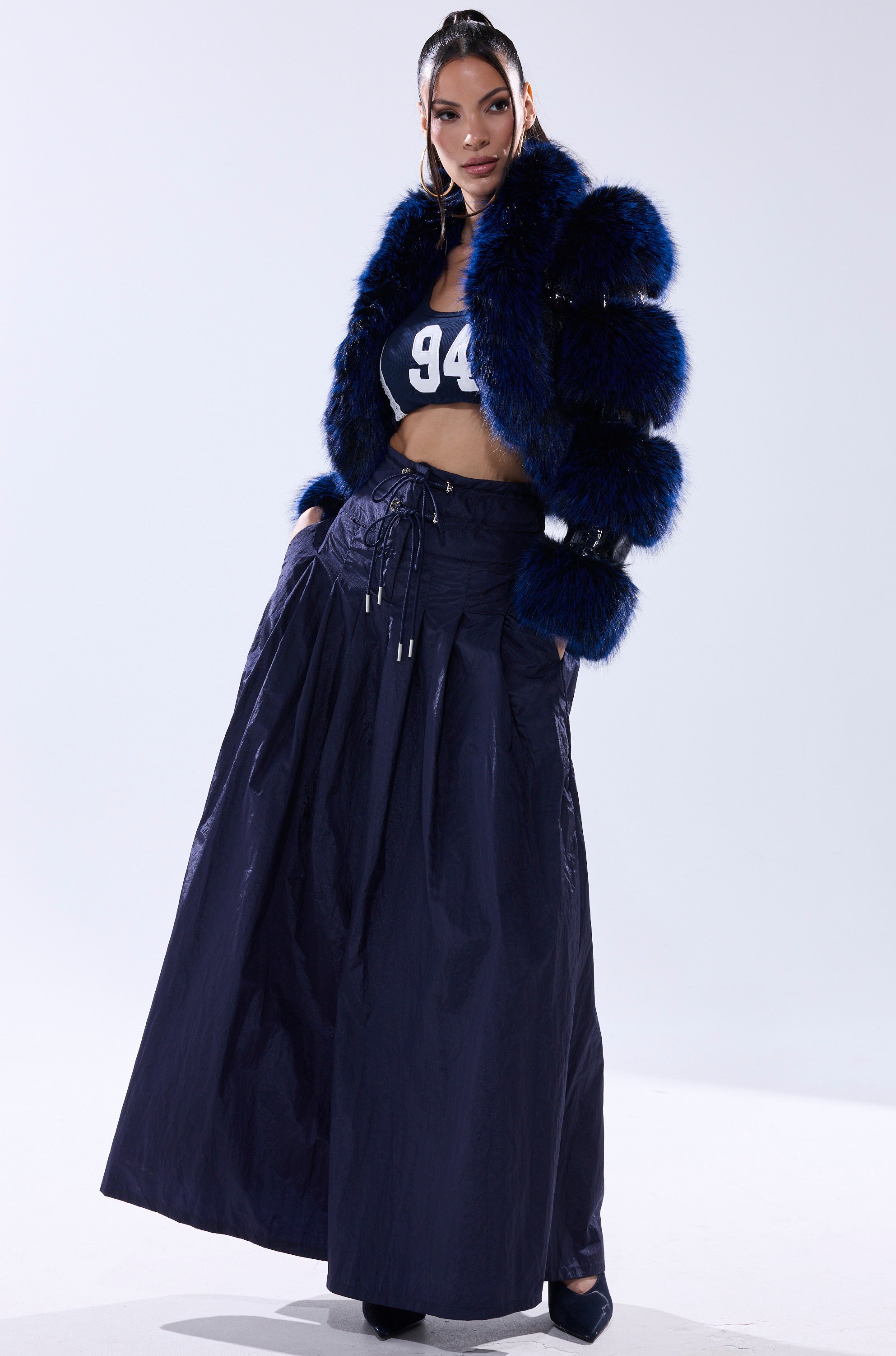 LOVERBOY FUR TRIM MOTO IN NAVY CROC