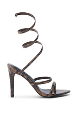 AKIRA LOWRI BROWN SNAKE SPIRAL STILETTO SANDAL