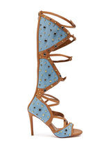 AKIRA GOLD LULANA DENIM METAL STUDDED GLADIATOR STILETTO SANDAL