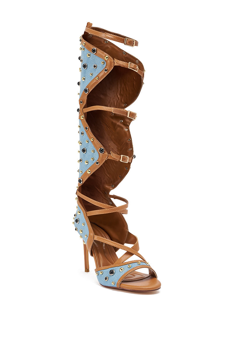 AKIRA GOLD LULANA DENIM METAL STUDDED GLADIATOR STILETTO SANDAL