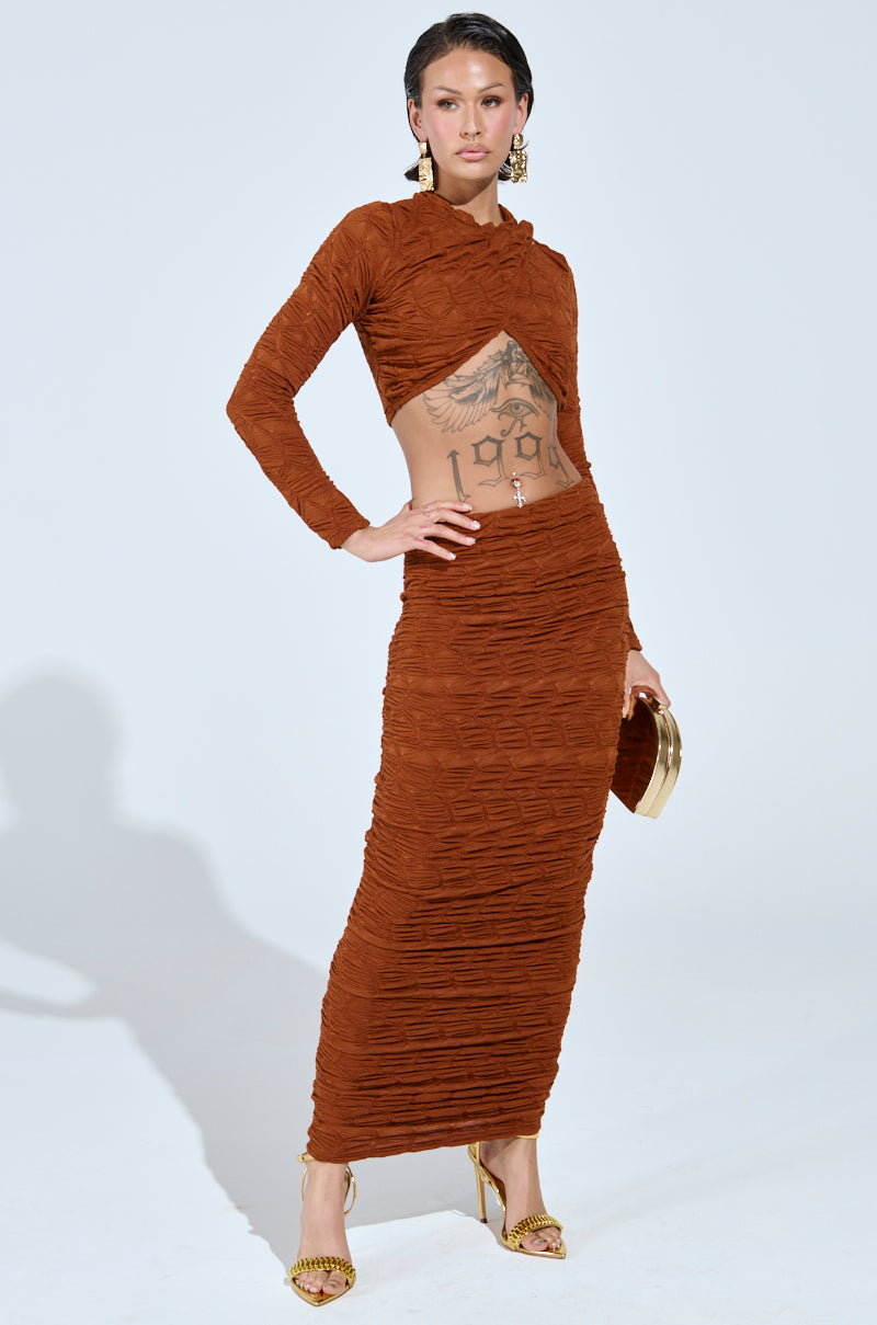 MAYBE NEXT TIME RUCHED MAXI SKIRT IN BROWN