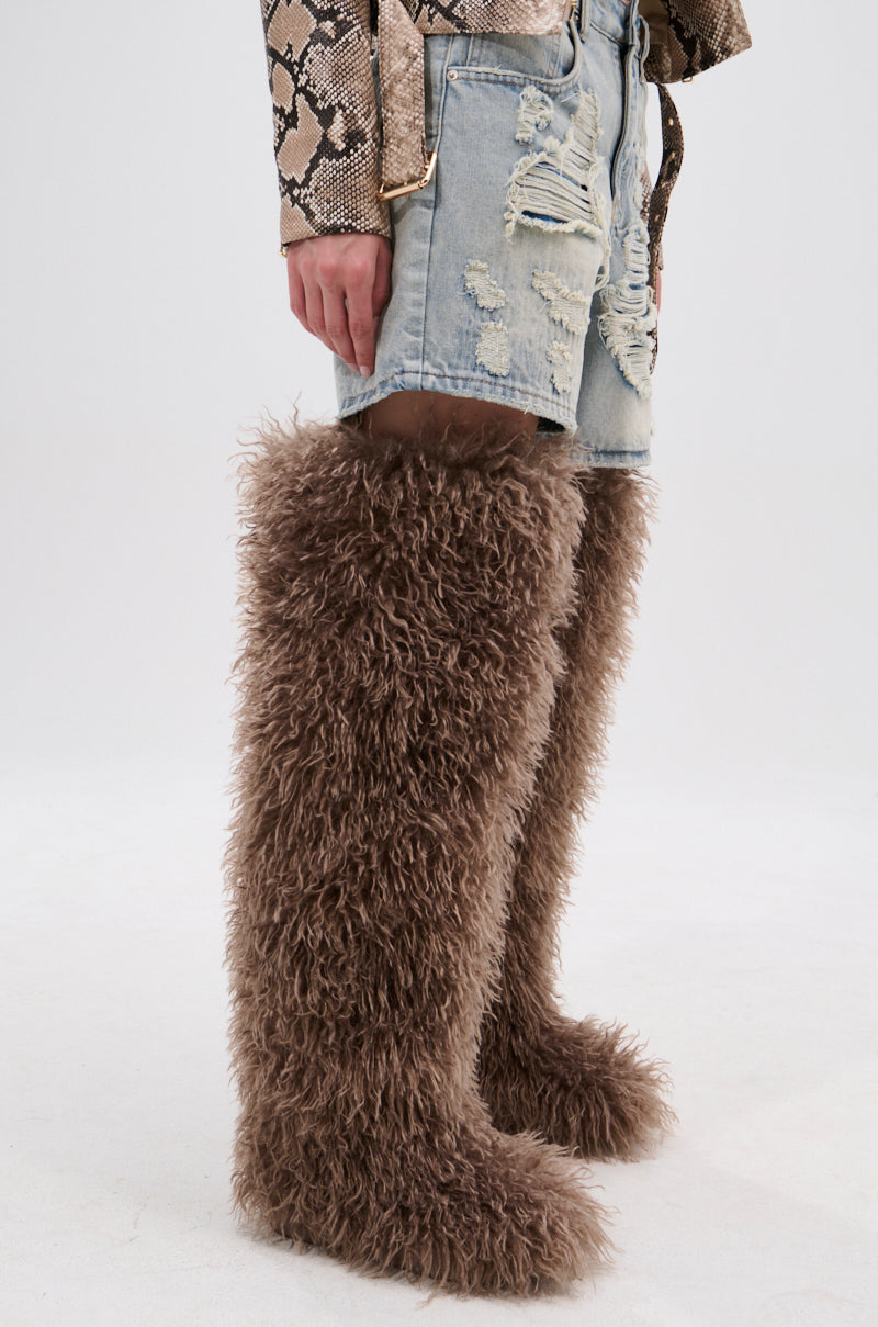 AZALEA WANG TEMPLETON TAUPE FAUX POODLE FUR OVER THE KNEE BOOT