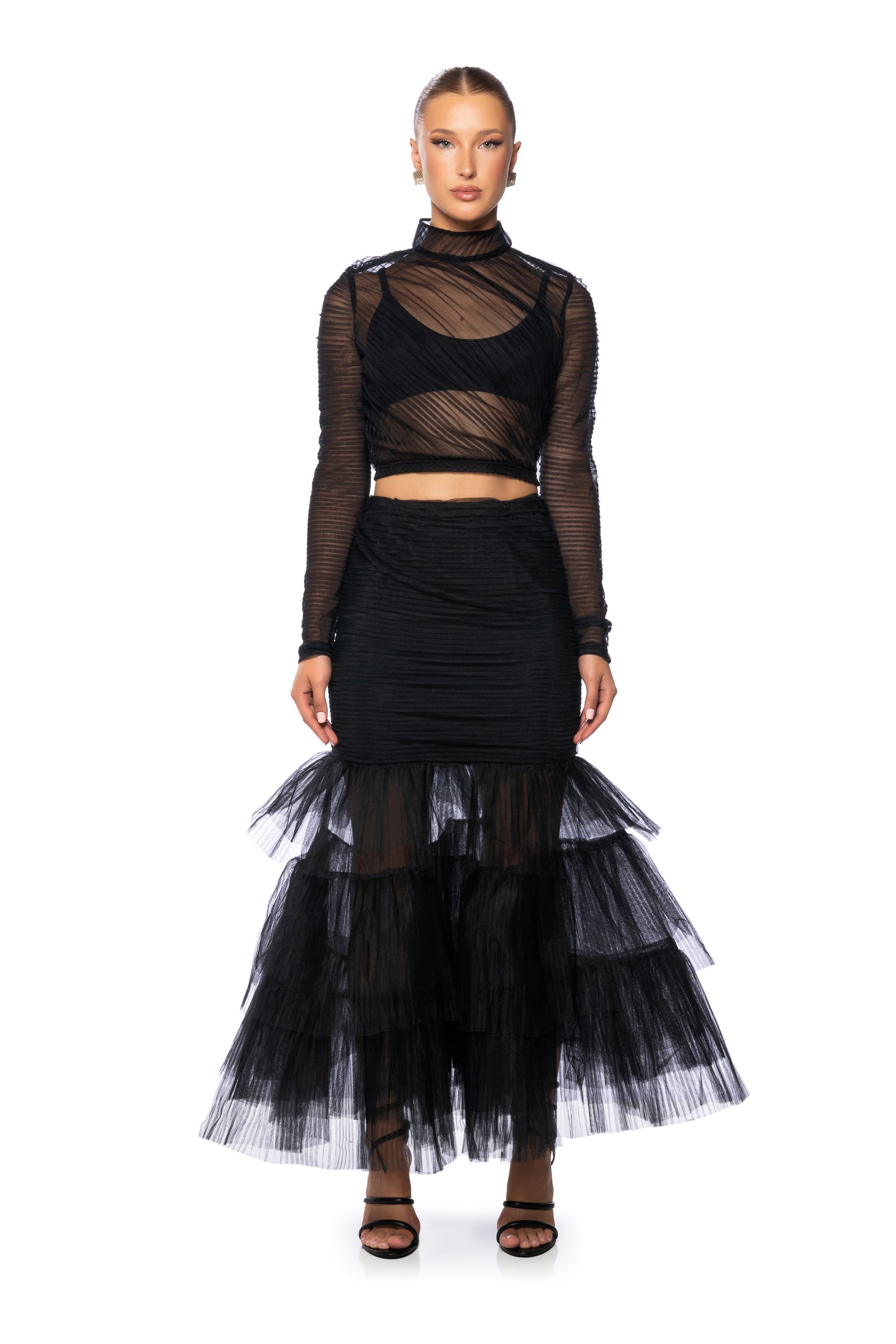 AT THE GALA FLOUNCED TULLE BLOUSE