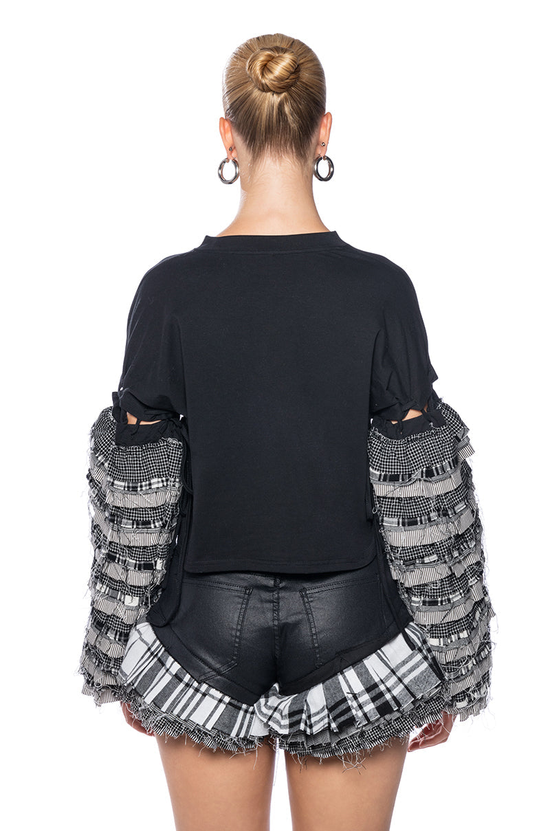 PAINT ME IN PLAID RUFFLE SLEEVE PULLOVER