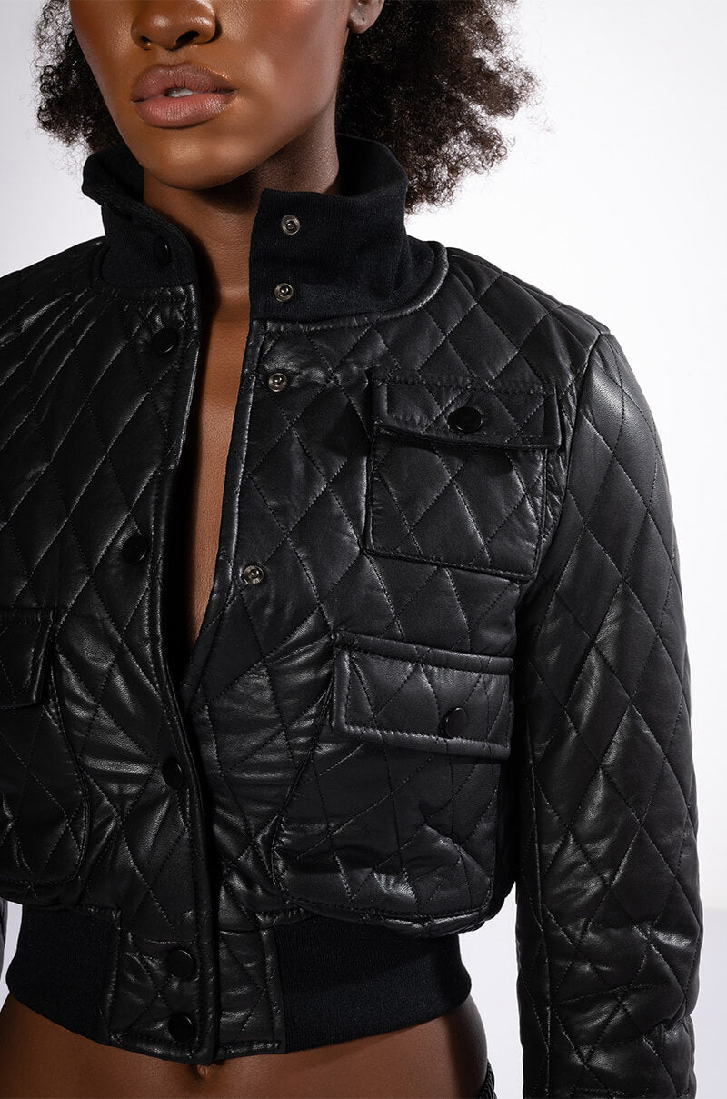 QUILTED CHOCOLATE PU BOMBER